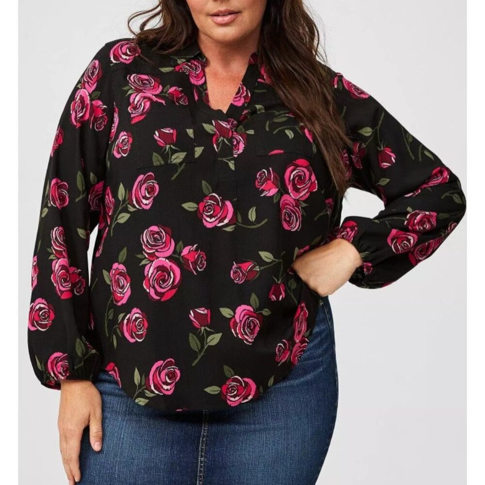 Torrid Harper Challis Collared Long Sleeve Blouse Size 3X Floral Roses